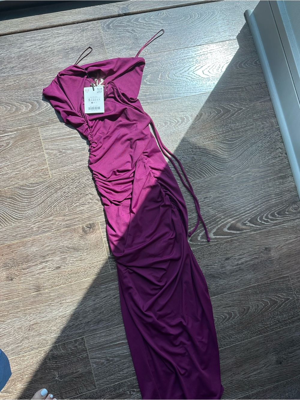 Sleeper Ruched strapless with halter tie Dress in Plum